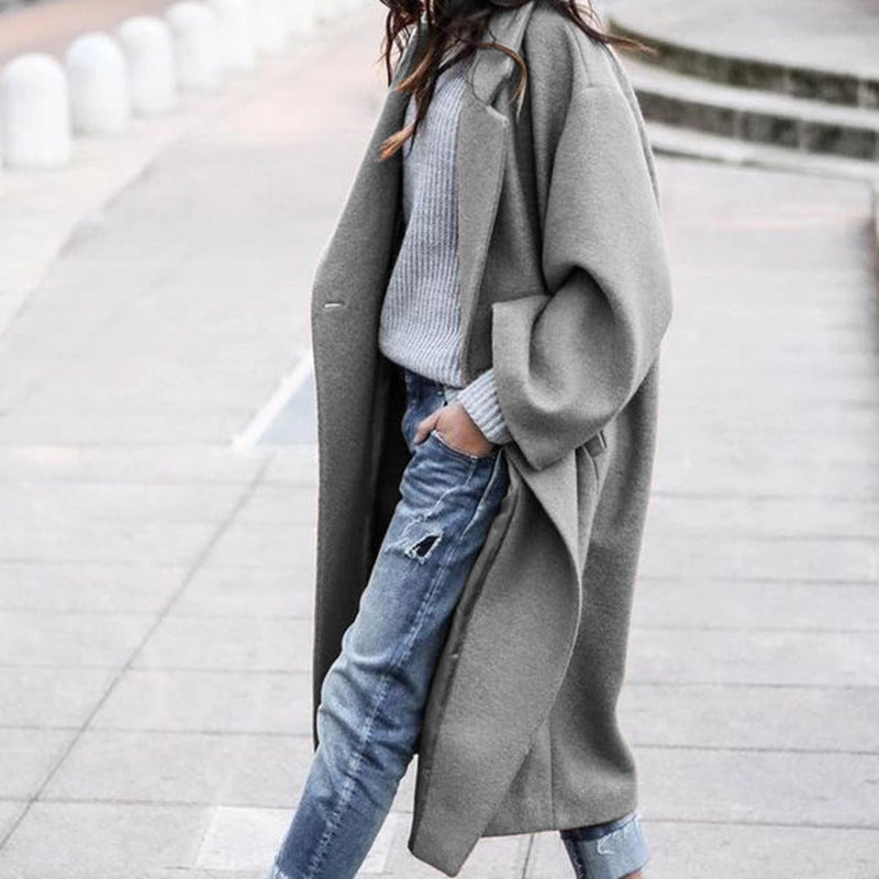 Casual Long Jacket With Pockets Solid Color Single Breasted Lapel Woolen Coat For Women Warm Winter Clothing Casual Long Jacket With Pockets Solid Color Single Breasted Lapel Woolen Coat For Women Warm Winter Clothing
